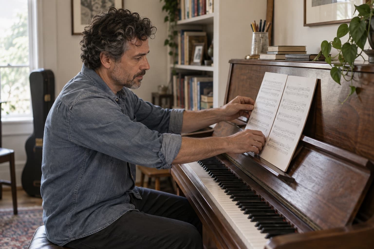 A piano teacher setting sheet music on an upright piano at home