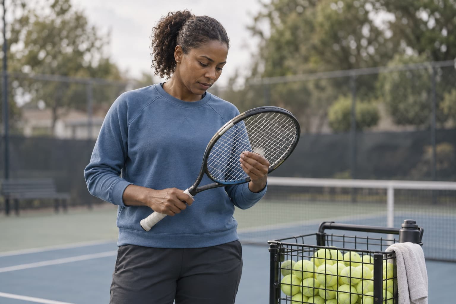 A coach checking her racquet strings beside a cart of tennis balls